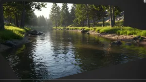 Tranquil River Scene with Lush Greenery and Sunlight