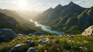 Mountain Valley View with Wildflowers and a River