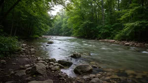 Serene River Flowing Through Lush Green Forest Scenery
