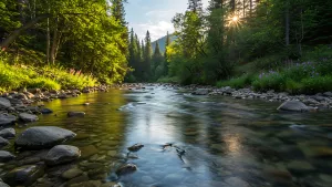 Sun kissed river flowing through a forest of green