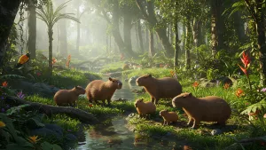 Capybara Family Hangin' Out in a Lush Green Paradise