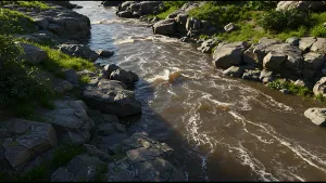 Rocky River Rapids Flowing Through a Verdant Landscape