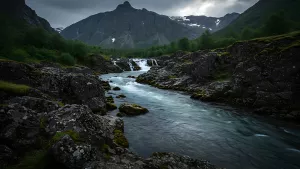 Moody mountain stream vibes for your phone background