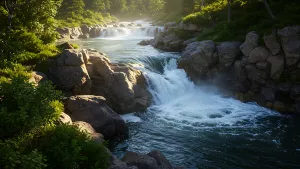 Cascading water over rocks surrounded by lush greenery