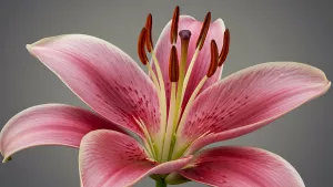 Close Up of a Pink Lily Flower on a Gray Background