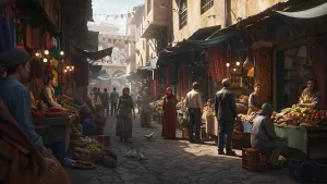 Bustling Marketplace Scene Under the Warm Desert Sun
