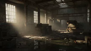 Abandoned Factory Interior with Light Rays Peeking Through